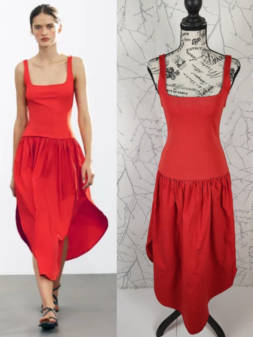 Zara Red Contrast Square Neck Flowy Midi Dress